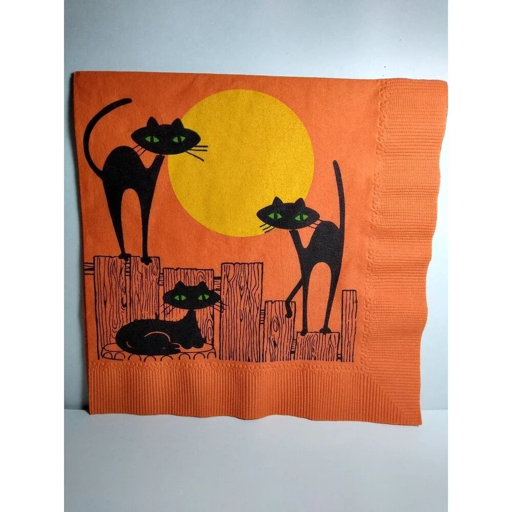 Vintage Halloween Paper Napkins Black Siamese Cats Full Moon Orange 6.5